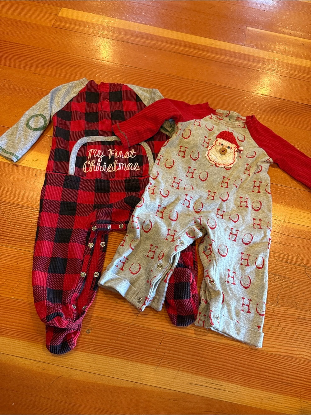 Mud Pie Red Buffalo Plaid and Heather Gray 'My First Christmas' Footie Set